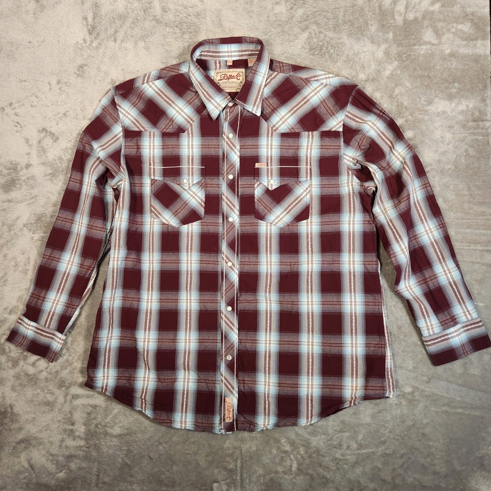 Rafter C Western Snap Shirt‎ Mens XXL Burgundy Plaid Excellent RC2203120C Cotton